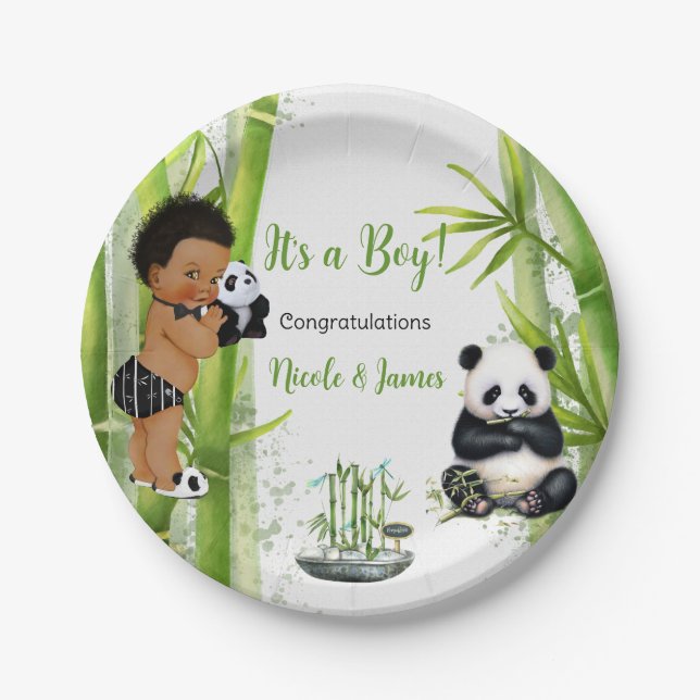 Panda Bamboo Theme Baby Boy Black White Green Paper Plates (Front)