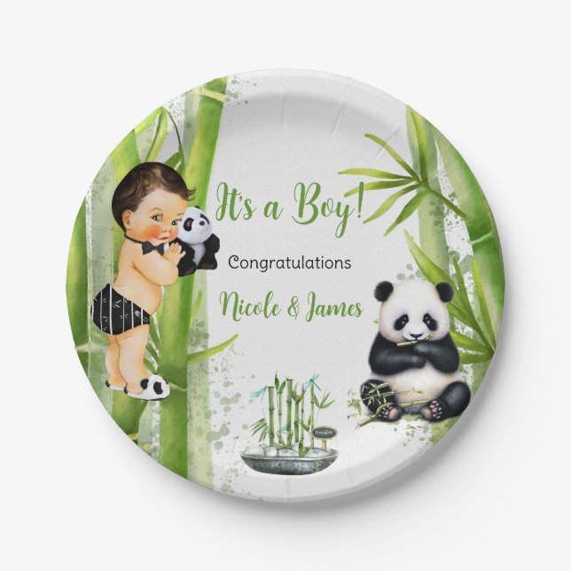 Panda Bamboo Theme Baby Boy Black White Green Paper Plates (Front)
