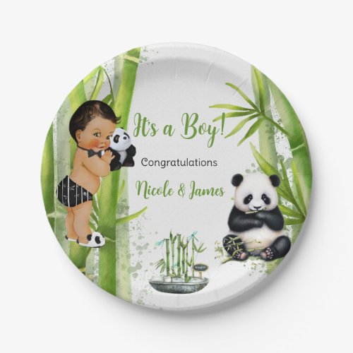 Panda Bamboo Theme Baby Boy Black White Green Paper Plates