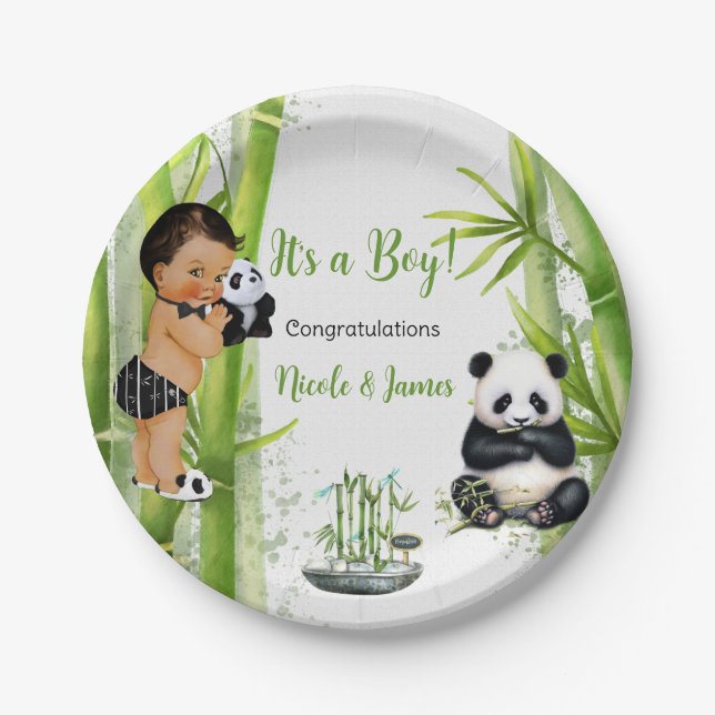 Panda Bamboo Theme Baby Boy Black White Green Paper Plates (Front)