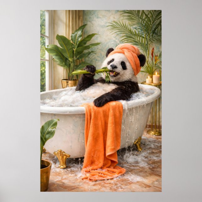 Panda Bathing Print, Humorous Tropical Maximalist Poster (Front)