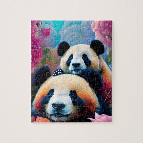 Panda Bear and Cub with Flowers Jigsaw Puzzle