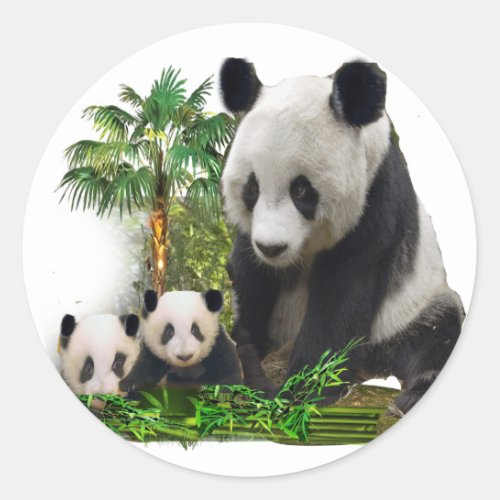 Panda bear and cubs art metal ornament classic round sticker