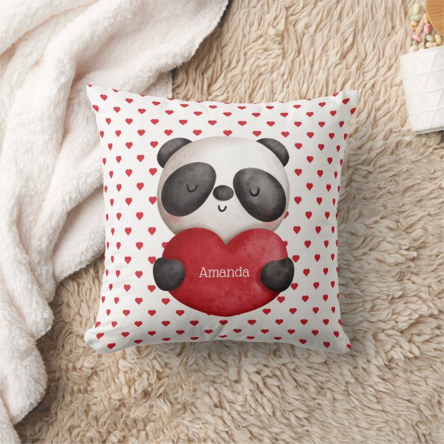 Panda Bear and Hearts-Double Sided-Monogrammed Throw Pillow (Blanket)