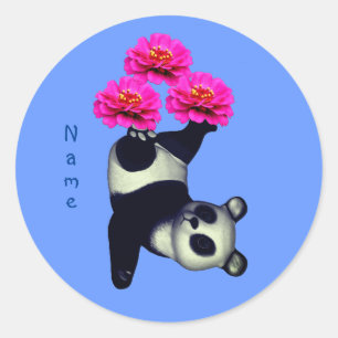 Panda Bear And Pink Zinnia Flower Personalized Classic Round Sticker