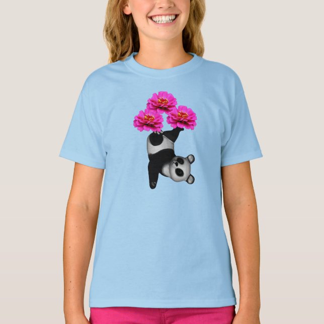 Panda Bear And Pink Zinnia Flowers  T-Shirt (Front)