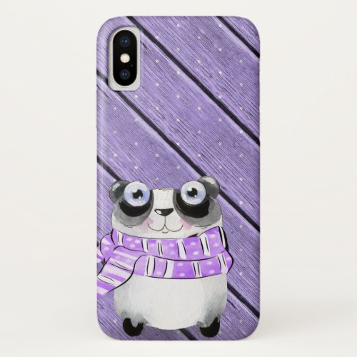 panda bear and polka dots on purple wood iPhone XS case