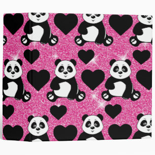 Panda Bear Animal Lover Black Hearts Pink Glitter 3 Ring Binder