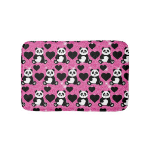 Panda Bear Animal Lover Black Hearts Pink Glitter Bath Mat