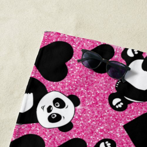 Panda Bear Animal Lover Black Hearts Pink Glitter Beach Towel