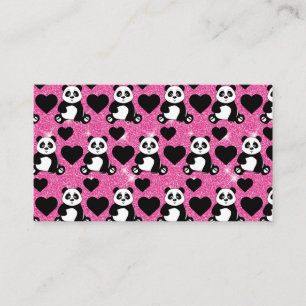 Panda Bear Animal Lover Black Hearts Pink Glitter Business Card