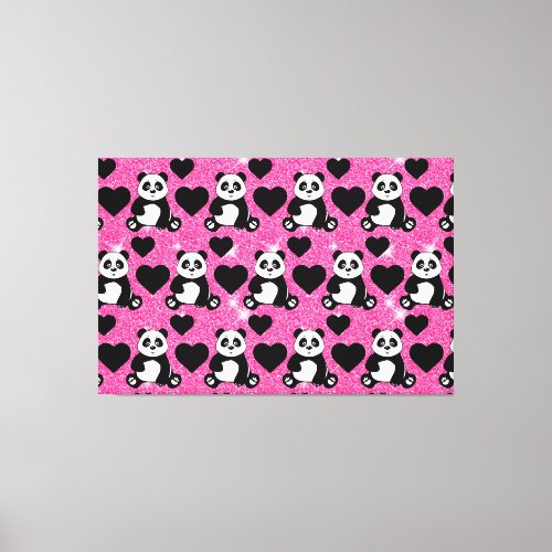Panda Bear Animal Lover Black Hearts Pink Glitter Canvas Print