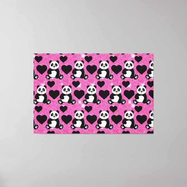Panda Bear Animal Lover Black Hearts Pink Glitter Canvas Print (Front)
