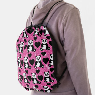 Panda Bear Animal Lover Black Hearts Pink Glitter Drawstring Bag