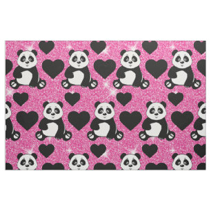 Panda Bear Animal Lover Black Hearts Pink Glitter Fabric