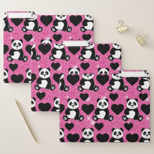 Panda Bear Animal Lover Black Hearts Pink Glitter File Folder