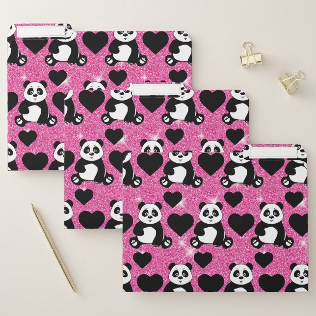 Panda Bear Animal Lover Black Hearts Pink Glitter File Folder (Set)