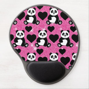 Panda Bear Animal Lover Black Hearts Pink Glitter Gel Mouse Pad
