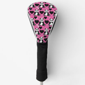 Panda Bear Animal Lover Black Hearts Pink Glitter Golf Head Cover