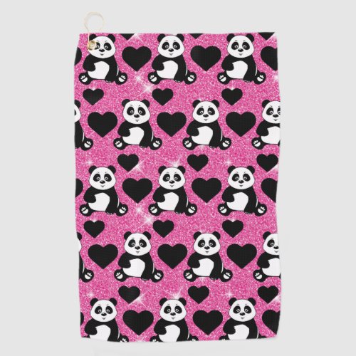 Panda Bear Animal Lover Black Hearts Pink Glitter Golf Towel