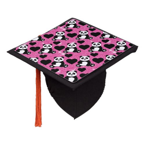 Panda Bear Animal Lover Black Hearts Pink Glitter Graduation Cap Topper