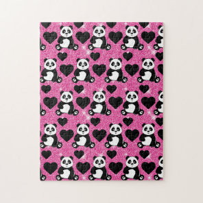 Panda Bear Animal Lover Black Hearts Pink Glitter Jigsaw Puzzle