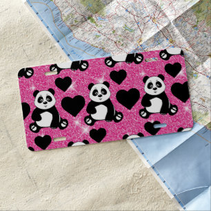 Panda Bear Animal Lover Black Hearts Pink Glitter License Plate