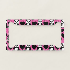 Panda Bear Animal Lover Black Hearts Pink Glitter License Plate Frame
