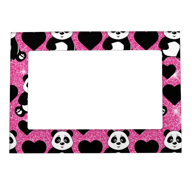 Panda Bear Animal Lover Black Hearts Pink Glitter Magnetic Frame (Front)