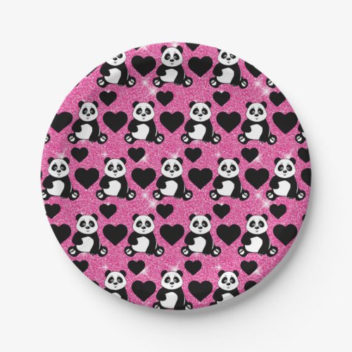 Panda Bear Animal Lover Black Hearts Pink Glitter Paper Plates