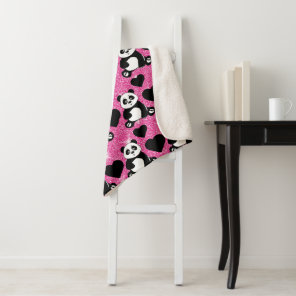 Panda Bear Animal Lover Black Hearts Pink Glitter Sherpa Blanket