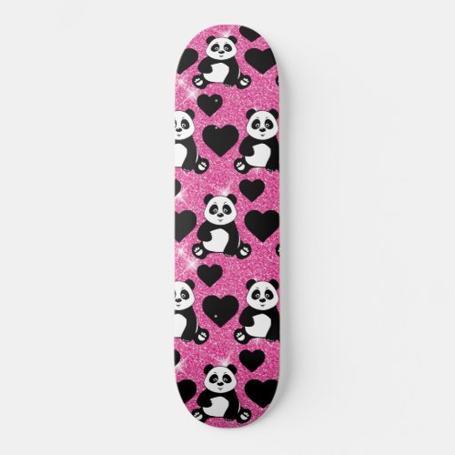 Panda Bear Animal Lover Black Hearts Pink Glitter Skateboard