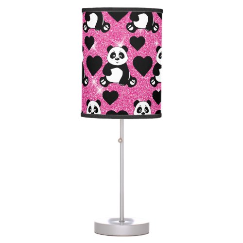 Panda Bear Animal Lover Black Hearts Pink Glitter Table Lamp