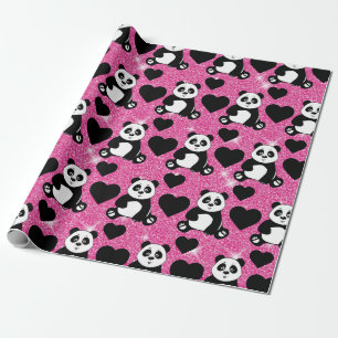 Panda Bear Animal Lover Black Hearts Pink Glitter Wrapping Paper