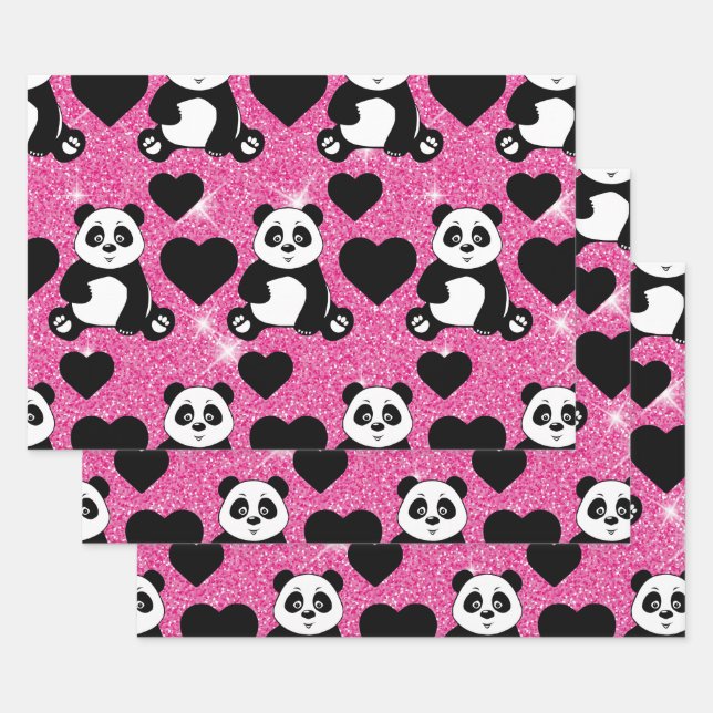 Panda Bear Animal Lover Black Hearts Pink Glitter Wrapping Paper Sheets (Set)