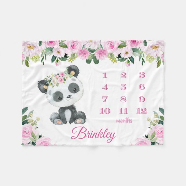 Panda Bear Baby Girl Monthly Milestone Baby Fleece Blanket (Front (Horizontal))