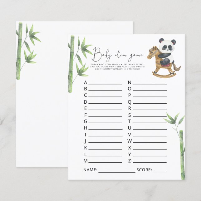 Panda Bear Baby Item Game. Baby Shower Game (Front/Back)