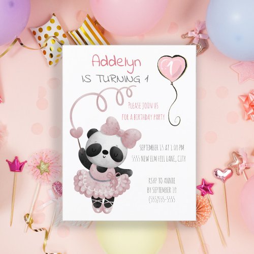 Panda Bear Ballerina Girls 1st Birthday Party  Invitation Postcard