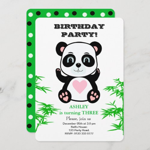 Panda Bear  Bamboo Plant Kids Birthday Invitation