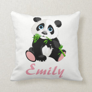 Panda Bear Black and White Green Bamboo Name Throw Pillow