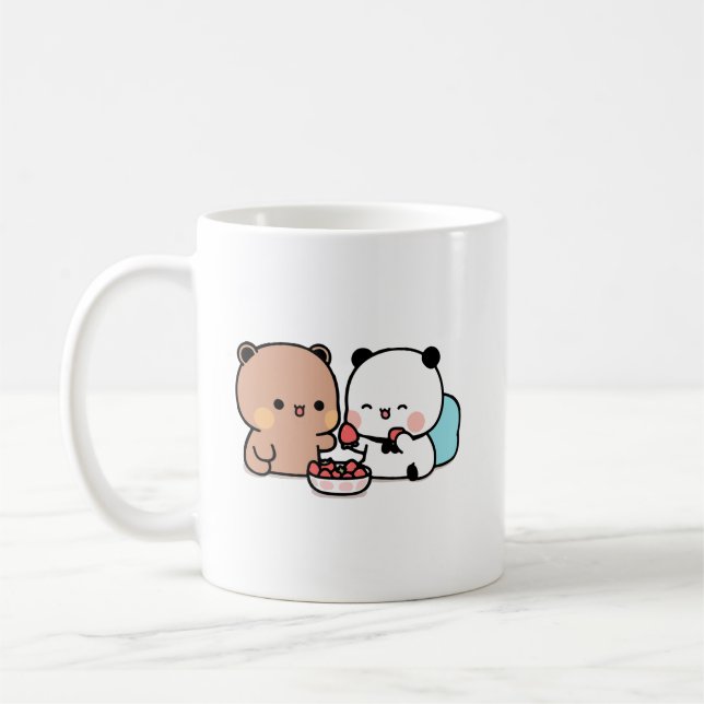 Panda bear, bubu and dudu eat strawberries coffee mug (Left)