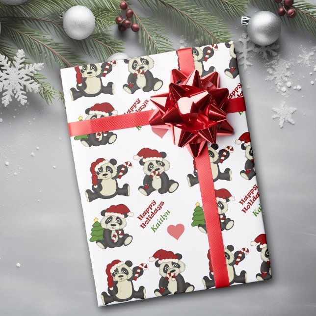 Panda Bear Candy Cane Personalized Wrapping Paper (Creator Uploaded)