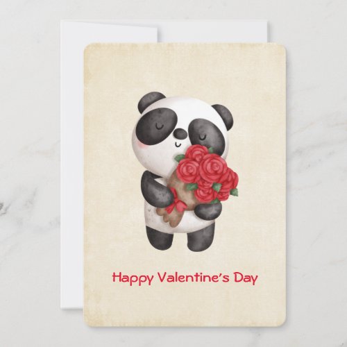 Panda Bear Carrying Bouquet of Roses Valentines Holiday Card