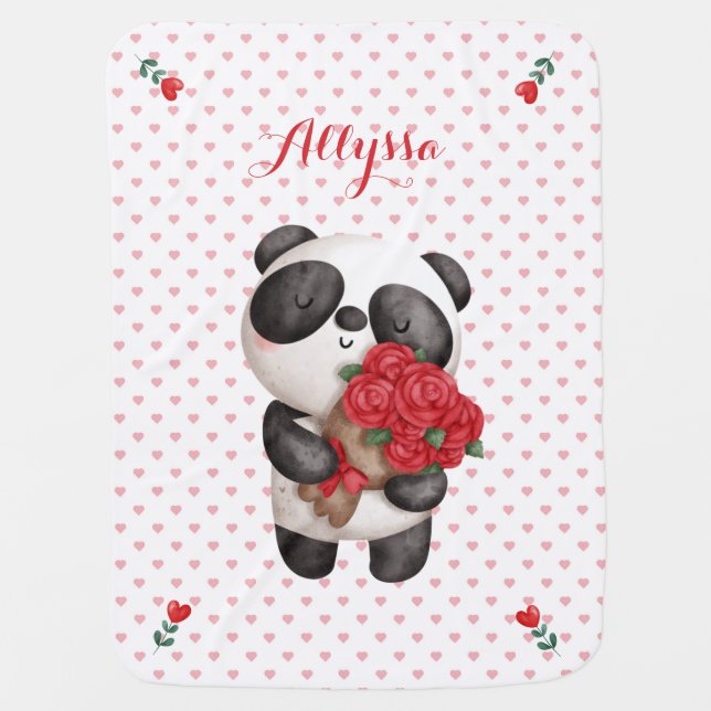 Panda Bear Carrying Rose Bouquet Monogrammed   Baby Blanket (Front)