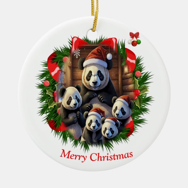 Panda Bear Christmas  Ceramic Ornament (Front)