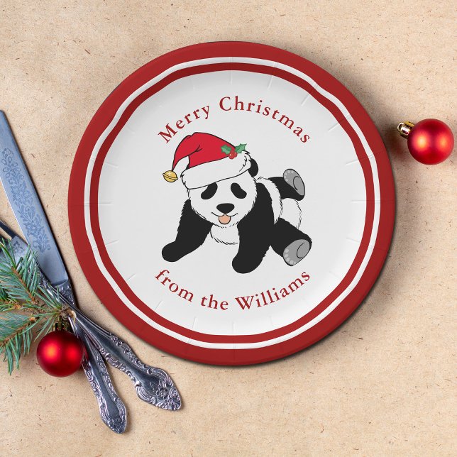 Panda Bear Christmas Cute Custom Red Party Paper Plates (Creator Uploaded)