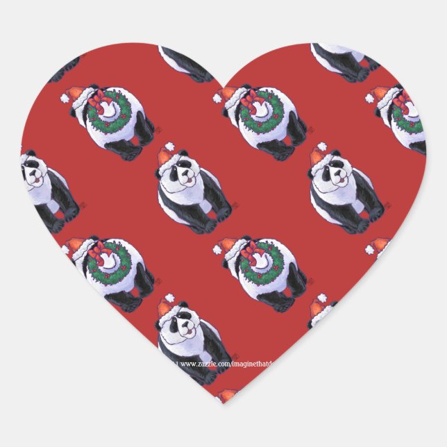 Panda Bear Christmas On Red Heart Sticker (Front)
