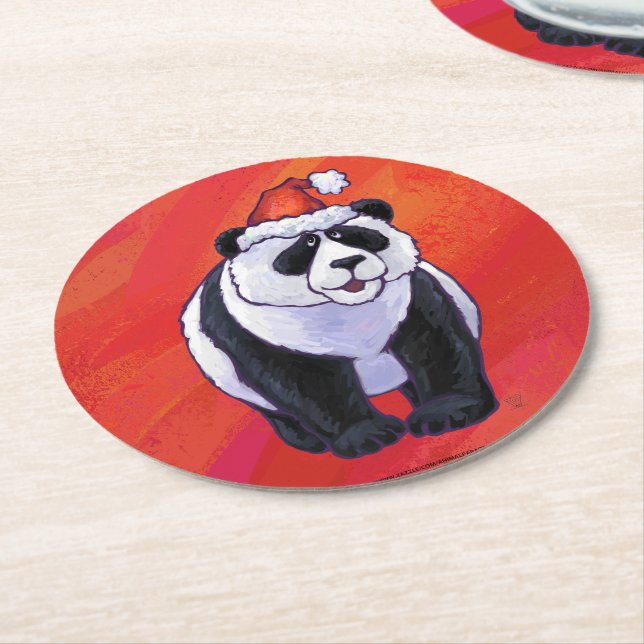 Panda Bear Christmas On Red Round Paper Coaster (Angled)