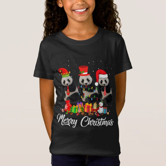 Panda Bear Christmas Pajama Tree Xmas Lights Anima T-Shirt (Front)