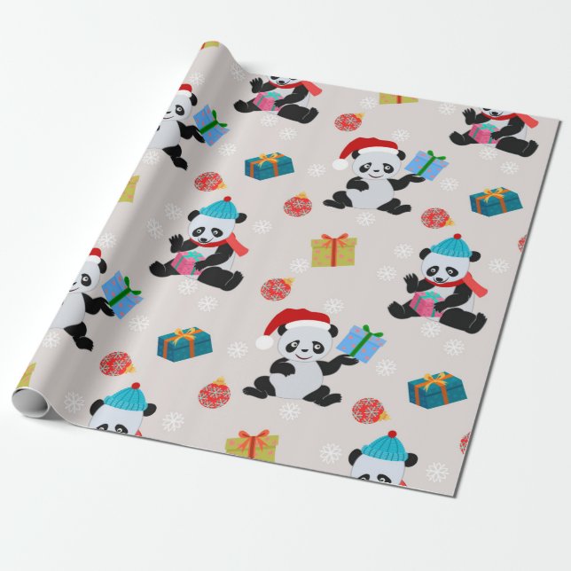 Panda Bear Christmas Pattern Wrapping Paper (Unrolled)
